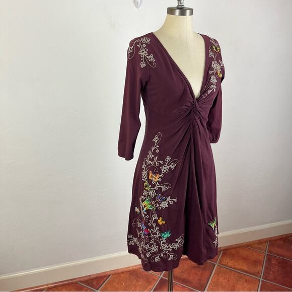 JW Johnny Was Maroon Embroidered V Neck Dress - Picture 2 of 8
